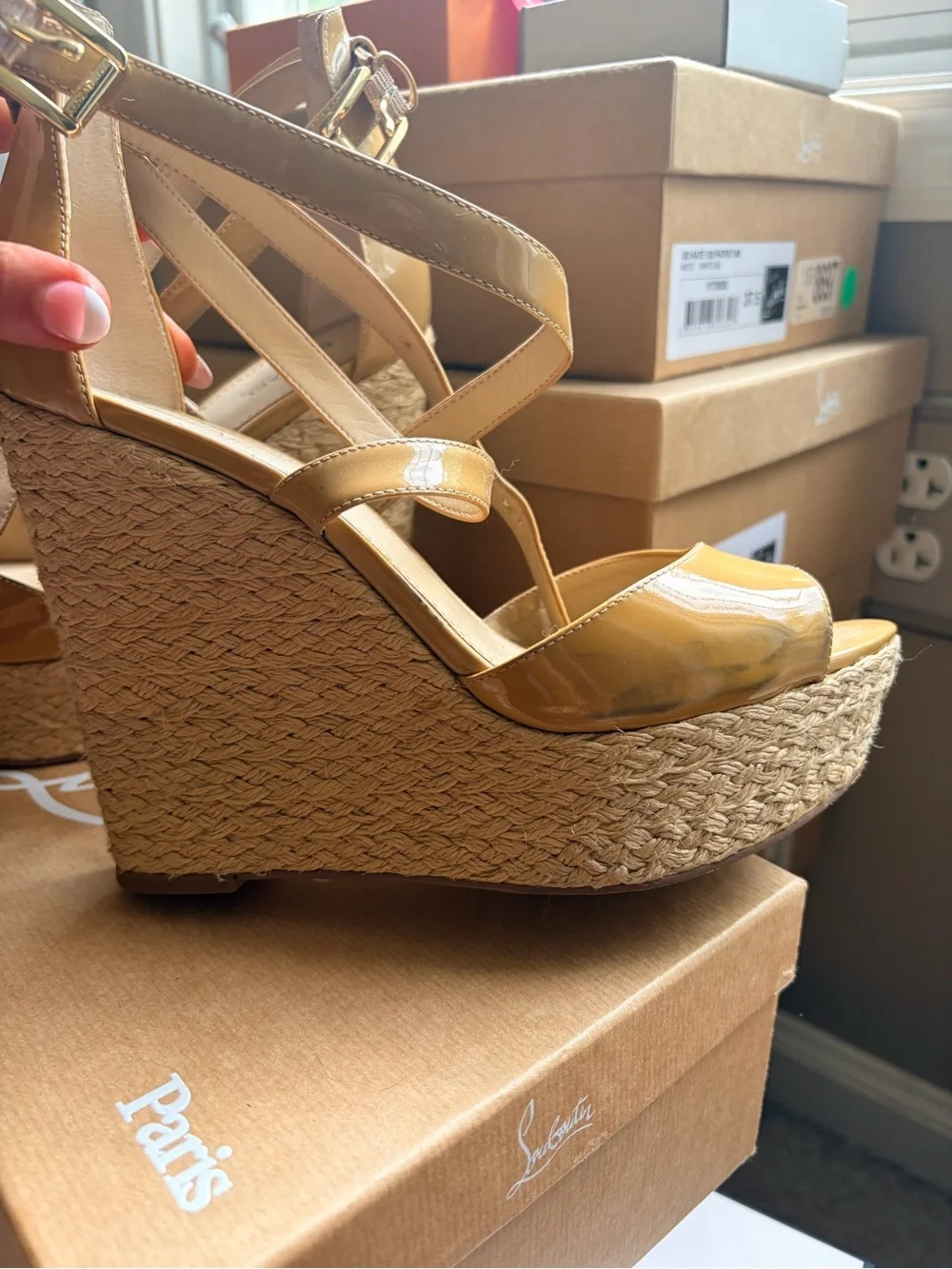 Michael Kors Patent Leather Espadrille Wedge Sandals in Mustard Tan.